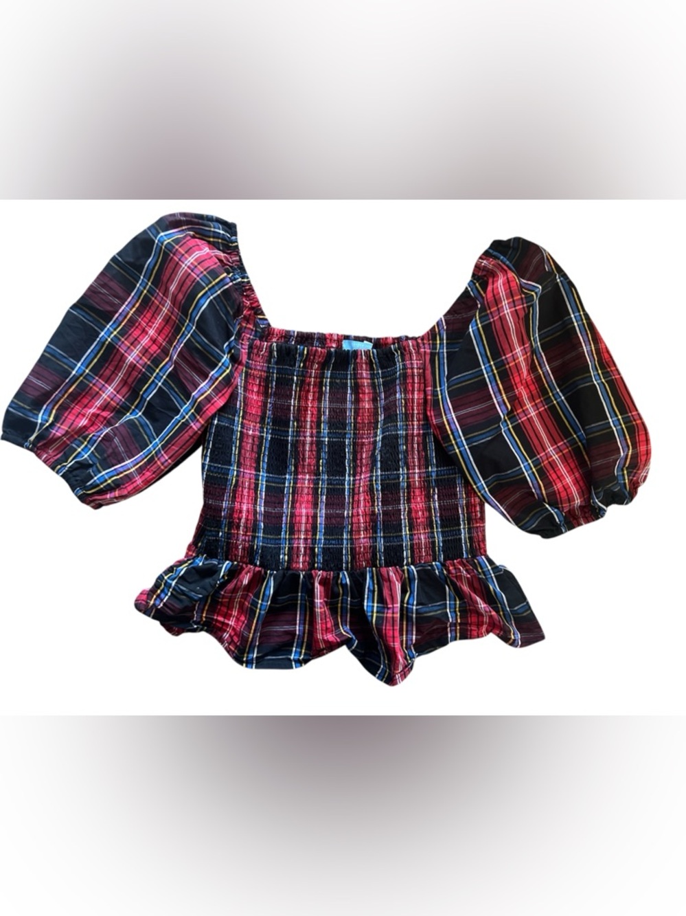 Draper James RSVP Women’s Red Plaid Smocked Peplum Top | Medium
